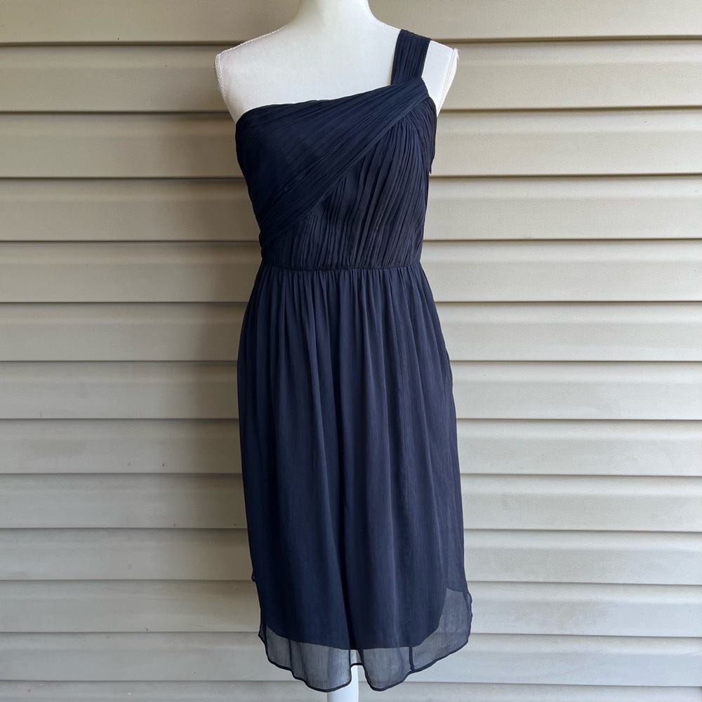 •J. Crew• Navy 100% Silk Chiffon One Shoulder Dress - Size 14 - Picture 1 of 7